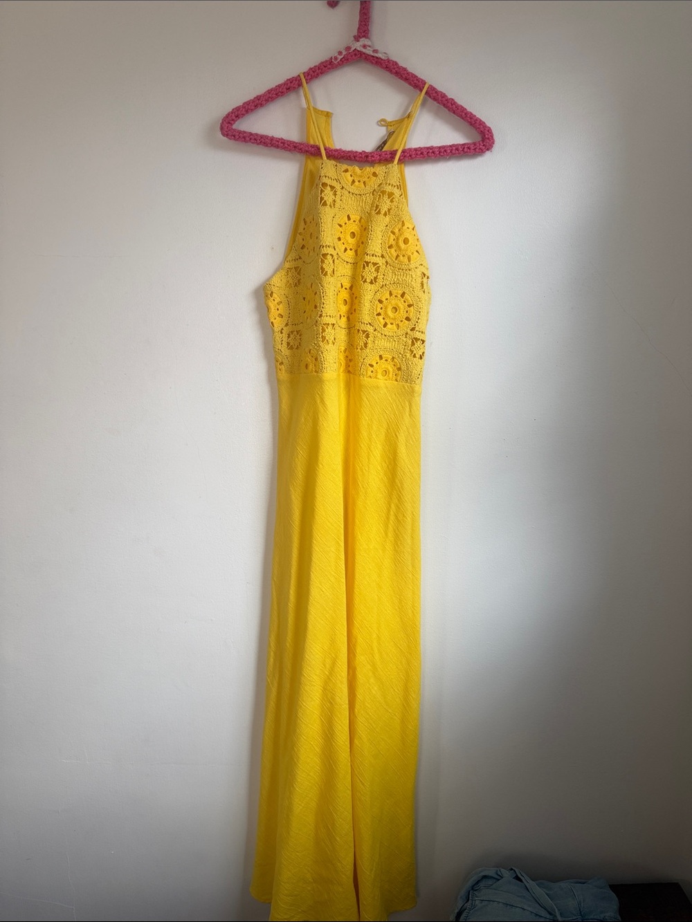 Chelsea & Violet Yellow Crochet Halter Maxi Dress - Size Small